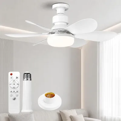 Ventilador de techo con luz y control remoto, E27 LED regulable 40W 3 velocidades 6 aspas Silencioso con base y palo extensor, Tiempo