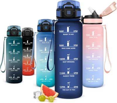 Bouteille d'eau JAPORIA 1L avec marqueur de temps, bouteille motivante avec paille, étanche et réutilisable, adaptée pour l'école, le sport