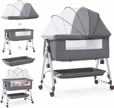 SKY-TOUCH Baby Bedside Crib Adjustable Travel Crib with Large Storage Basket and Breathable Mosquito Net