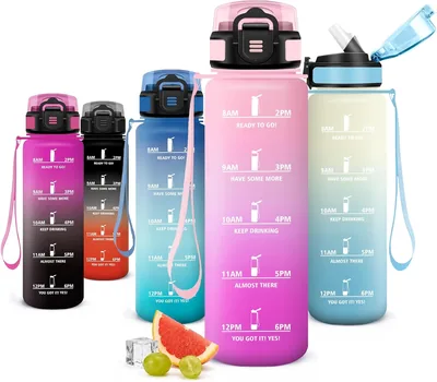 Bouteille d'eau sportive JAPORIA 1L avec paille, marqueur horaire, étanche et réutilisable pour l'école, le bureau ou les activités de plein air - Meilleur Prix