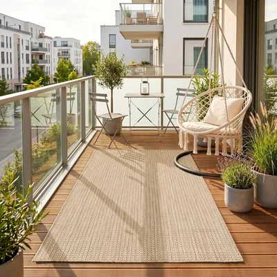 HomebyHome Outdoor Teppich Beige 80 x 150 cm Balkon Garten Witterungsbeständig UV-Resistent Mittelplainer Flachgewebe Pflegeleicht