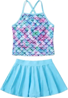 Girls 3 Piece Swimsuit - Purple Fish Scale Print Bikini Set Tankini, Ages 4-12