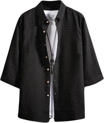 Foveitaa メンズ 3/4スリーブシャツ - 夏服 コットンリネンシャツ 簡素 ブラック Lサイズ 日本スタイル