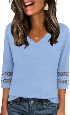isermeo 3/4 Sleeve Eyelet Blouses Women V Neck Tops Summer Dressy Casual - Best Deal
