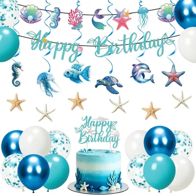 Ocean Birthday Banner Decor - Swirls, Balloons & Cake Toppers - Best Deal