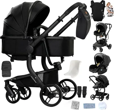 Reenborn PU Leather Baby Stroller 3 en 1, Carrito con Diseño de Pliegue de Un Clic, Cochecito con Dos Modos de Empujar Reversibles