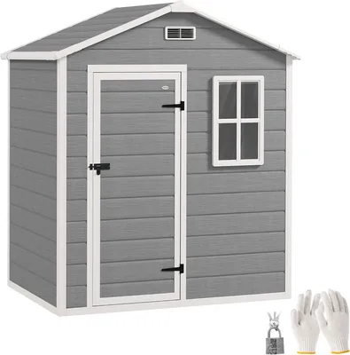 Outsunny Capannone da Giardino 1.900 m² PP Alluminio con Pavimento Grigio | Capanna Strumenti da Giardino, Porta Singola Chiusura a Chiave, Ingresso per Aria, Finestra, Pendente