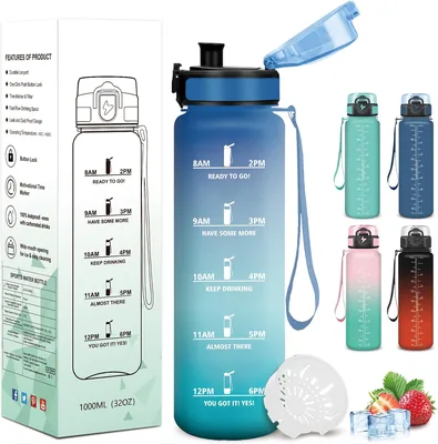 Mujigaga Bottiglia d'Acqua da 1 Litro, Bottiglia per Palestra con Indicatore di Tempo, Facile da Trasportare, Bottiglie Motivazionali, a Prova di Perdita