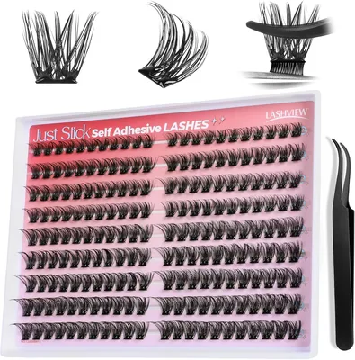 LASHVIEW Selbstklebende Wimpern ohne Kleber, Packung mit 198, Press-on Wimpern, Cluster, D-Welle, Natürlich