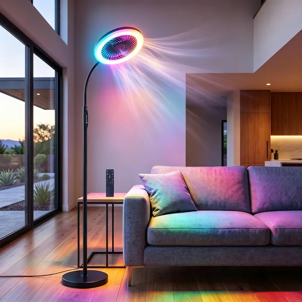 Oyajia Bodenlampe mit Ventilator, LED-Bodenventilator mit RGB-Beleuchtung, verstellbarer Gänseblümenhals mit Fernbedienung, 3 Geschwindigkeiten