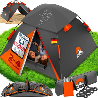 Eloneo Pop-Up Zelt - Extra wasserdicht & stabil | Schnelle Montage in 45 Sekunden | 4 Personen | 3 Sterne