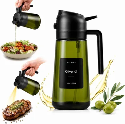 BETA NOBLE Ölsprayer für Kochen, 2-in-1 Ölsprayflasche, 470 ml Glasölspray für Airfryer zum Kochen mit Aufklebern