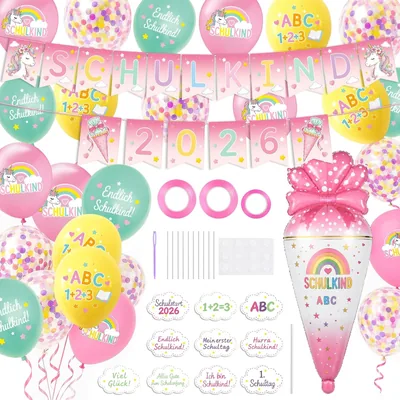 Einhorn Einschulung Deko Mädchen 2026 - SCHULKIND Girlande mit Schultüten Banner & Ballon, XXL-Schultüte Folienballon