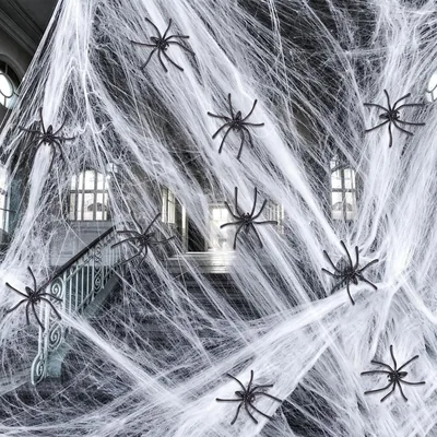 Yurifaz Halloween Spider Web, 200g med 40 falska spindlar - Hauntad husdekor och halloween fest