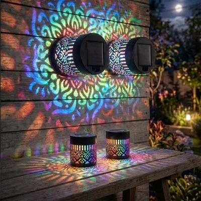 Éclairage mural solaire Mandala - 7 couleurs changeantes, projecteur décoratif étanche en métal pour jardin, terrasse ou balcon