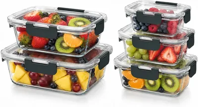 Minhaj 5-Piece Glass Food Storage Set - Airtight Lids, Microwave Safe, Reusable Lunch Boxes
