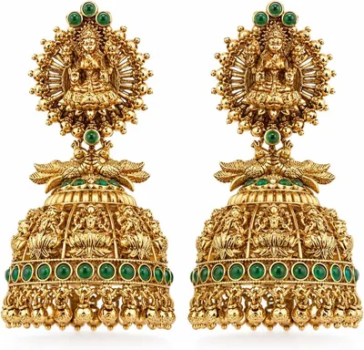 दक्षिण भारतीय लक्ष्मी डिज़ाइन के सोने के ज़रा जूमका कान की बाली, हरी रत्न के साथ, शादी के लिए | सबसे अच्छी कीमत