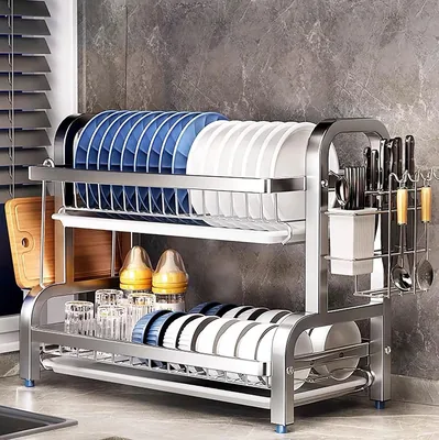 YLJHDD 2-Tier Dish Drying Rack - Stainless Steel Over Sink Drainer with Cutlery Holder