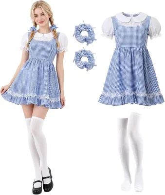 Kenerowd Book Week Costume 3PC Women's Blue Plaid Dress Cosplay Outfit Best Deal