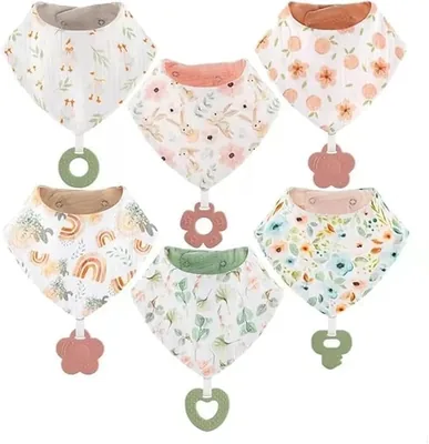 Baberos Tipo Bandana para Bebé (paquete de 6) y Juguetes de Dentición Orgánicos