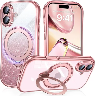Fadkzyxr iPhone 17用ケース、MagSafe互換、360°回転リングスタンド付き美しいアワーサンド形状、グリッターシール同梱、プラタ
