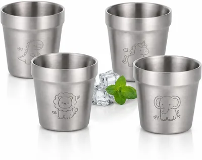 Tumbler de Acero Inoxidable Hejo para Niños, 175ML, 4 Piezas | Taza Reutilizable, Juego de Copas Apilables para Niños, Ideal para Camping