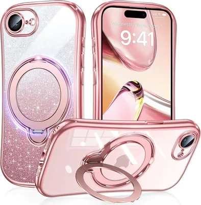 Fadkzyxr iPhone 17e / 16e用 マグネティック互換ケース 360°回転リングスタンド付き 美しいアワーグラス形状 グリッター付属