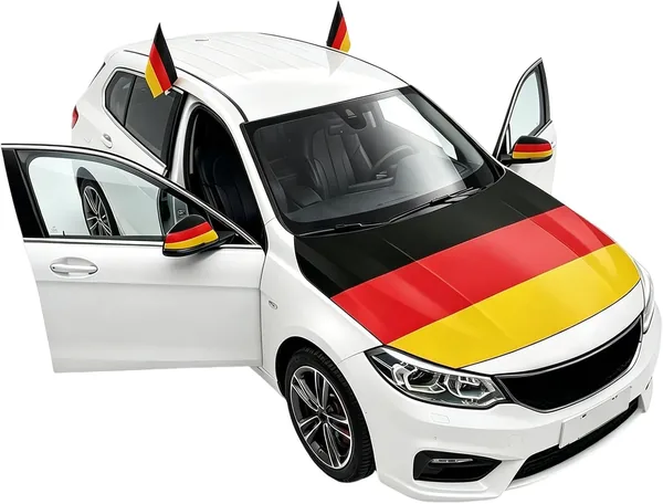 Auto-Fahnen Deutschland Komplettes Set 5 Teile - Bonnetflagge, 2 Autofahnen Fenster & 2 Spiegelflaggen Deutsche Flagge Fahrzeugdekoration