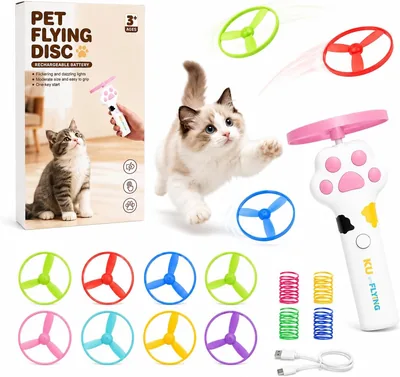 Jouet interactif pour chat, lanceur électrique rechargeable avec 8 disques volants et 4 jouets à ressort pour chasser et faire de l'exercice