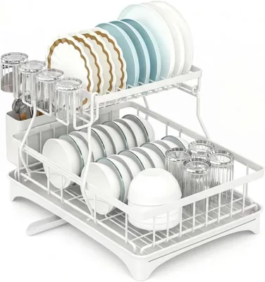 2 Tier Dish Drying Rack - Large Capacity Kitchen Rack with Drainboard & Holders Best Deal