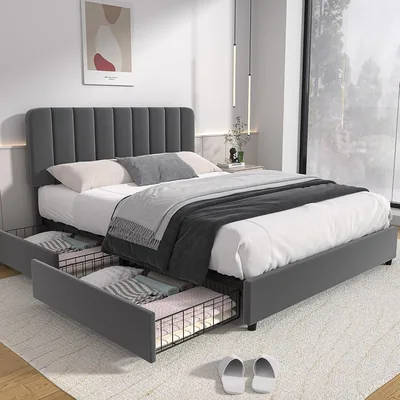 VECELO Full Bed Frame Velvet Platform Storage Bed with Adjustable Headboard