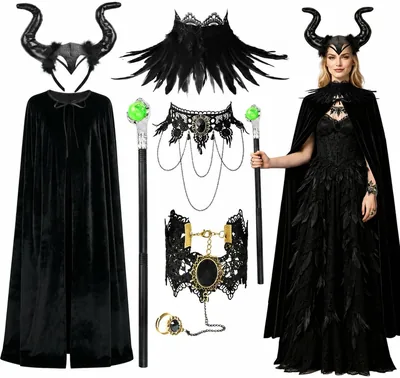 Halloween Devil Costume Women Black Velvet Cloak Set