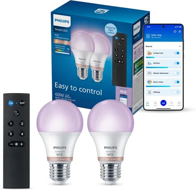 Philips Smart Lighting: 2 x E27 A60 RGB LED-Lampen mit Fernbedienung, 806 lm, farbig & weiß (2200-650K)