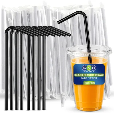 SNH 500 Pack Black Plastic Straws, 6mm Flexible Bendy Straws for Drinks
