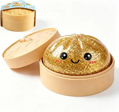 Gold Glitter Bao Squishy Toy with Steamer - Stress Relief & Sensory Fidget