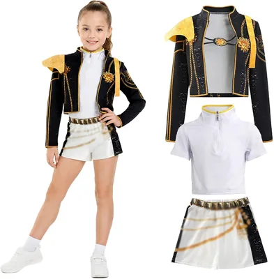 3 Pcs Black Gold Girls Stage Costume Outfit Kids Dance Jacket Zip Top Shorts Best Deal