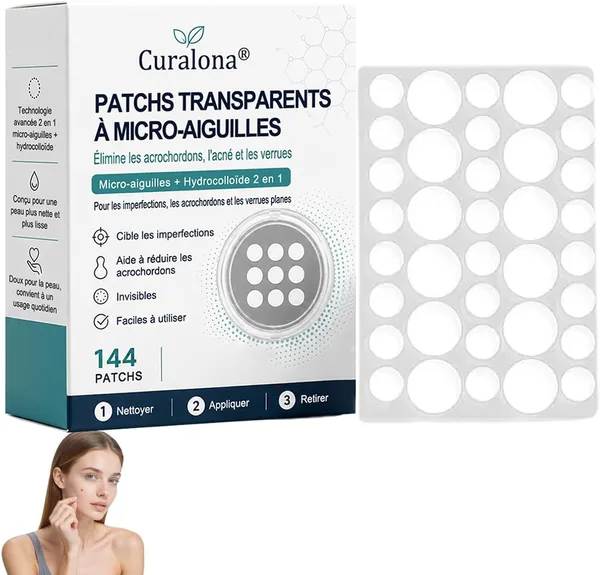 Curalona 2-en-1 Microneedle & Hydrocolloid Patch - 144 Pièces, Piping Invisible, Étanche à l'Eau et au Sweat, 55% de Réduction