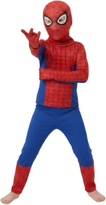 ITSMYCOSTUME बच्चों के लिए सुपरहीरो कॉस्ट्यूम | 4-पीस फैंसी ड्रेस सेट मास्क और दस्ताने के साथ | प्रिंटेड लाल-नीला सूट | जन्मदिन