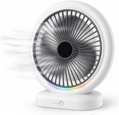 مروحة مكتب محمولة مع إضاءة بيئية RGB، 16 سم (ع) x 23 سم (ر)، مروحة تبريد بثلاث سرعات وقابلة لل دوران 180 درجة