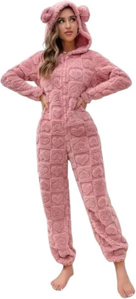 Women’s Plush Hooded Onesie - Cozy Sleepwear with Bear Ears & Heart Quilt