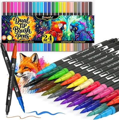 Bonala 24 Colores Rotuladores para Lettering Doble Punta, con Punta Fina y Pincel, Tinta Acuarelable - Estuch