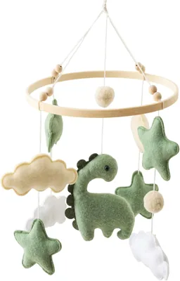 Dinosaur Baby Mobile Soft Felt Clouds Wood Newborn Crib Sensory Development Green