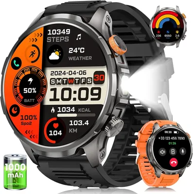 BANLVS Hombre Smartwatch con Batería de 1000mAh y Linterna, Negro | Pantalla AMOLED de 1.91" y Resistente al Agua 5ATM