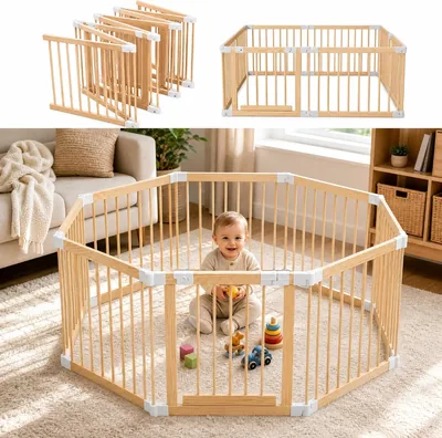 Foldable Wooden Playpen Baby Safety Fence, Adjustable Gate, Large