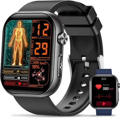 Reloj inteligente para hombres con ECG/HRV/IMC, pantalla AMOLED de 1.96 pulgadas Negro | Presión arterial, ritmo cardíaco de 24 horas, SpO2, sueño, 140+ Indios
