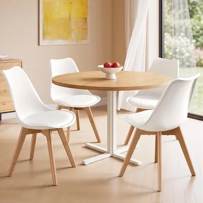 Sillas de Comedor VASAGLE, Cuero Sintético y Madera de Aliso, Asiento Almohadillado, Juego de 4, 46.5 x 57 x 79 cm, Blanco Nube y Color Natural