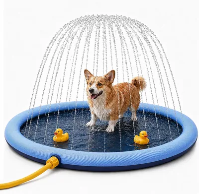 BESCH Piscina para Perros 100 cm, Tabla de Agua con Sprinkler de 360°, Alfombra de PVC Antideslizante, Conexión por Manguera, Plegable para Jardín