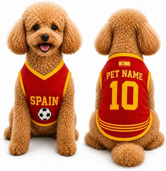 Camiseta Personalizada para Perros - Copa Mundial de Fútbol 2026, Equipa Nacional Española para Mascotas Pequeñas y Medianas, Poliéster Transpirable