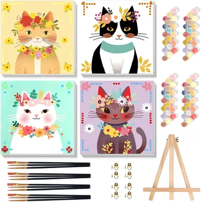 4 Pack Cat Paint by Numbers Kids with Wooden Frame Best Deal
