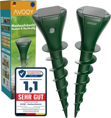 AVOQY Mole Repeller Solar [Set von 2] - Ultraschall & Vibration gegen Maulwürfe und Mäuse, IP65 wasserdicht, Wetterbeständig